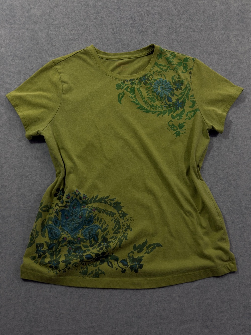 Y2K Northcrest Green & Blue Floral Print T-shirt Size XL
